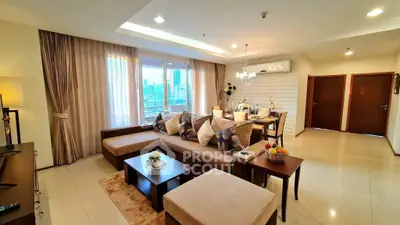 Spacious living room with elegant decor and city view, perfect for modern urban living.