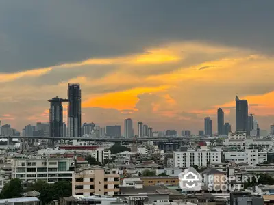 Stunning city skyline view at sunset with modern high-rise buildings