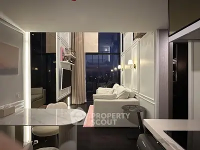 Luxurious modern living room with high ceilings and elegant decor, featuring a large window with a stunning city view.
