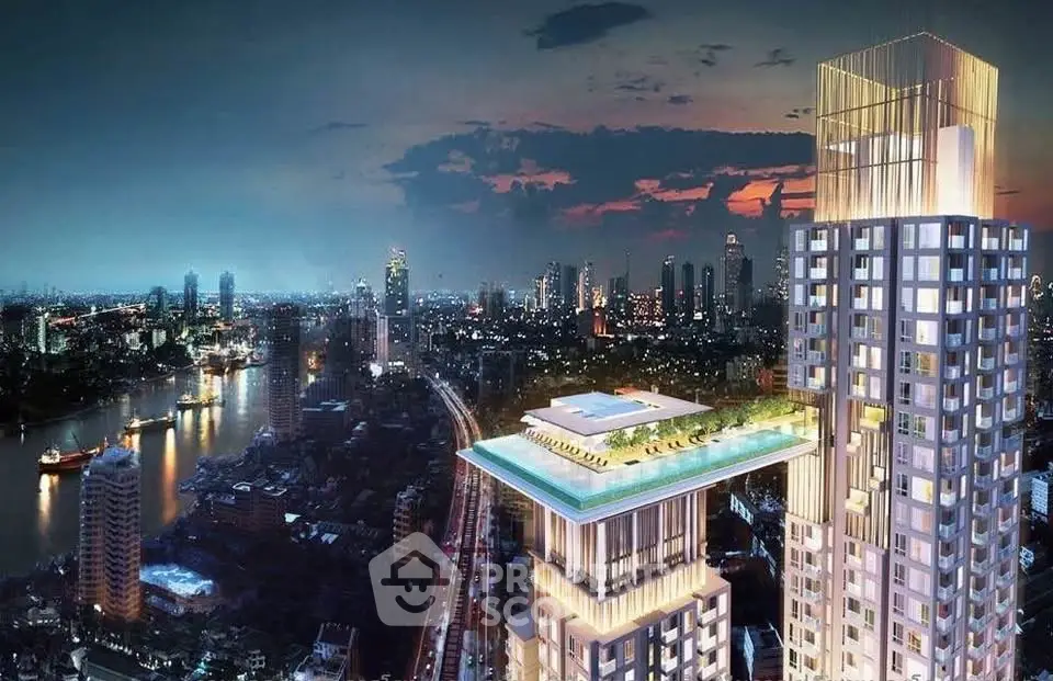 Stunning cityscape view with luxury high-rise featuring rooftop pool at sunset.
