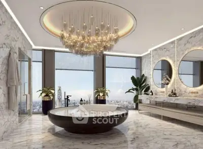 Luxurious marble bathroom with city view and elegant chandelier