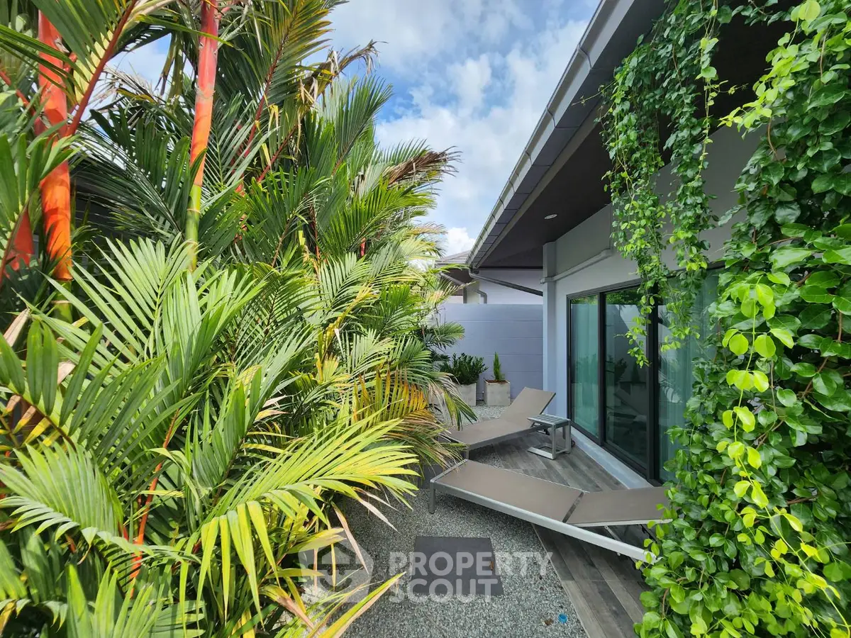 Luxurious garden view with modern patio and lush greenery