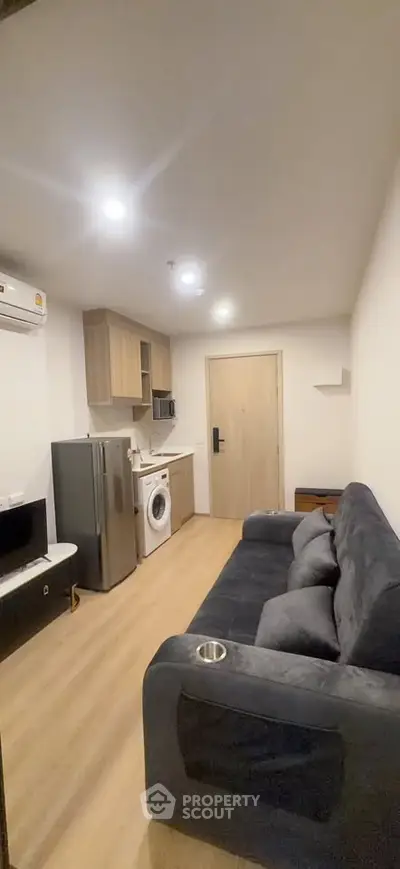 Modern compact living room with integrated kitchen and cozy sofa