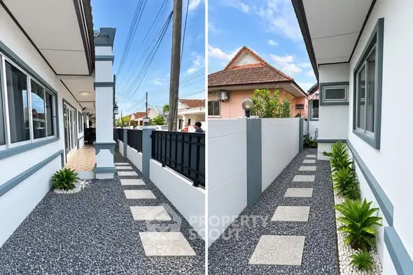 Charming exterior walkway with modern landscaping and stylish paving stones in a residential neighborhood.