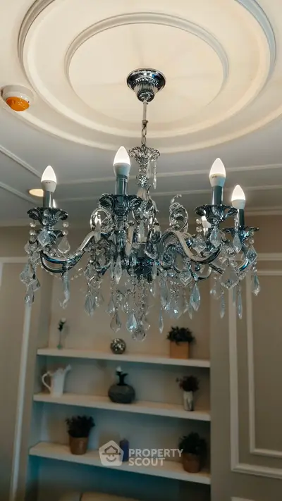 Elegant chandelier in a sophisticated living room with decorative shelving and classic molding.