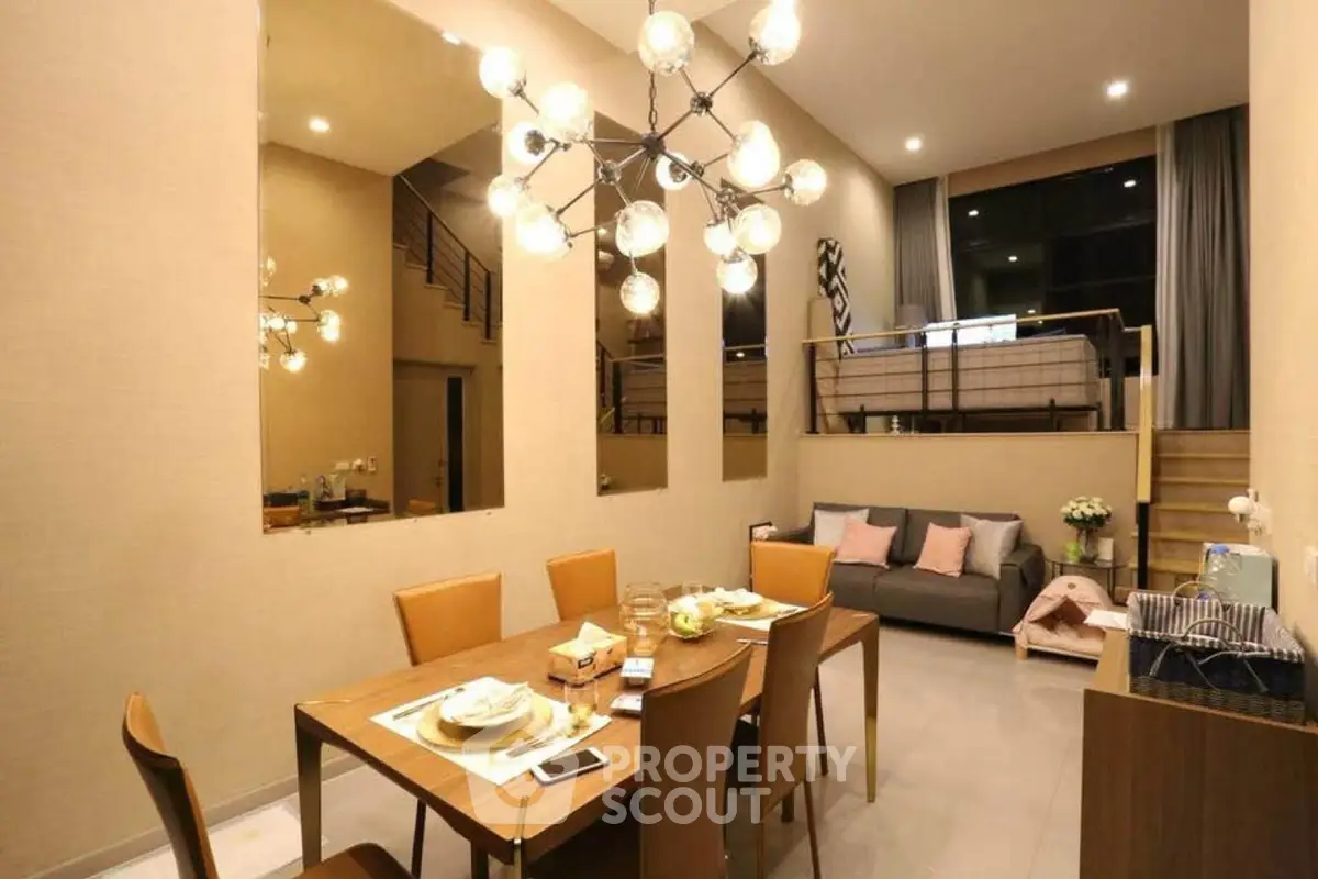 Luxurious modern living room with high ceiling and elegant dining area