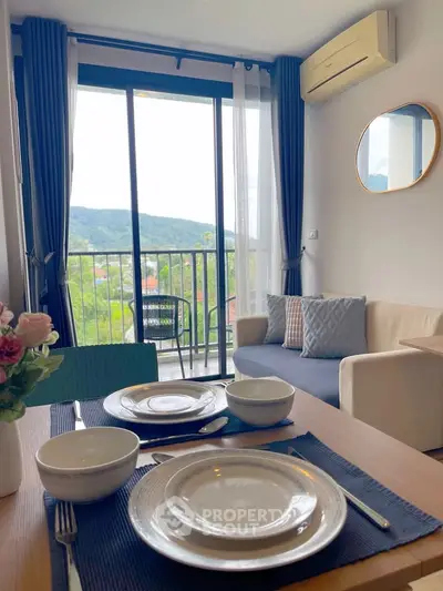 Charming living room with balcony view, cozy seating, and elegant dining setup.