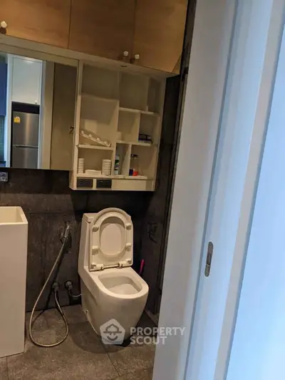 Modern bathroom with sleek design and built-in storage solutions.