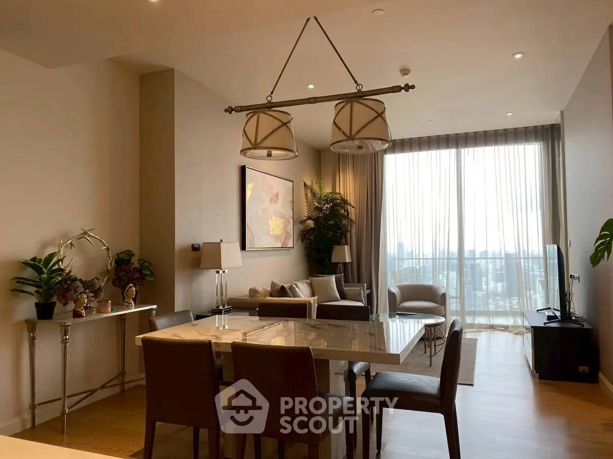 Luxurious living room with elegant dining area and stunning city view