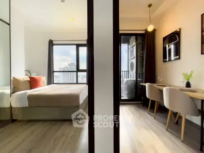 Modern bedroom with city view and stylish workspace