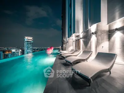 Luxurious rooftop pool with city skyline view at night