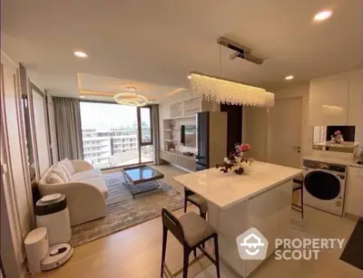 Modern open-layout living room with kitchen island and city view in luxury apartment.