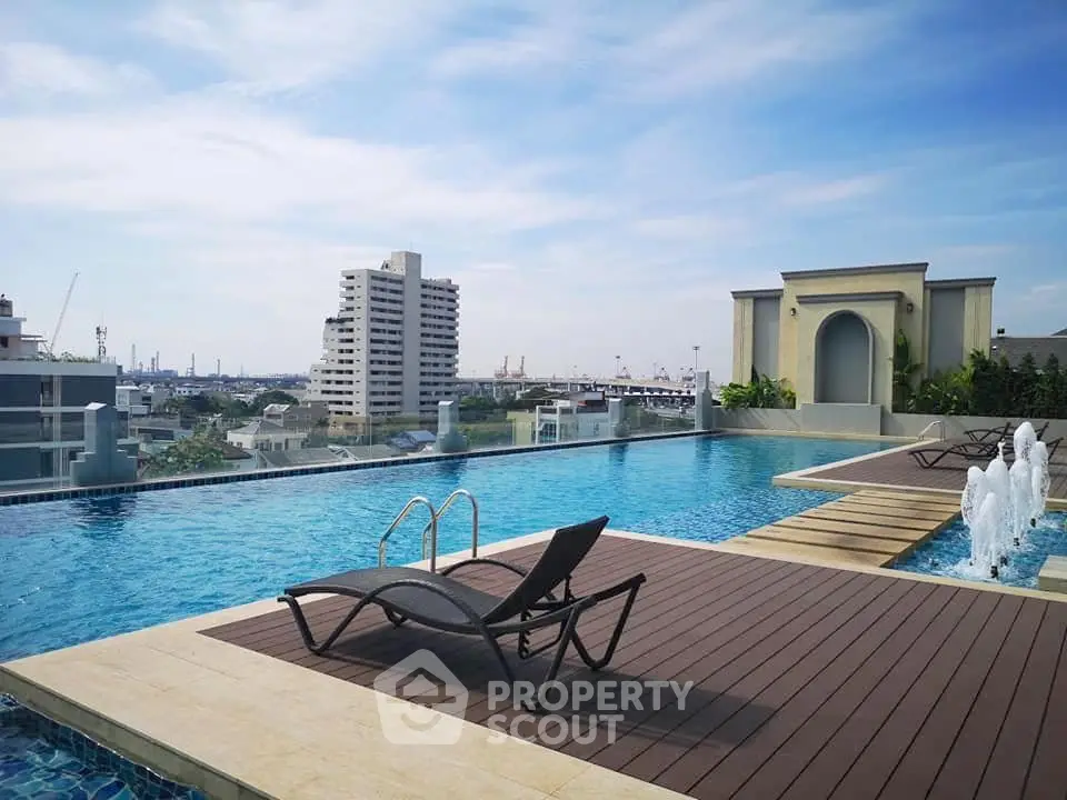 Luxurious rooftop pool with city skyline view, perfect for relaxation and leisure.
