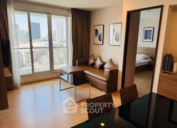 Modern living room with city view and stylish decor