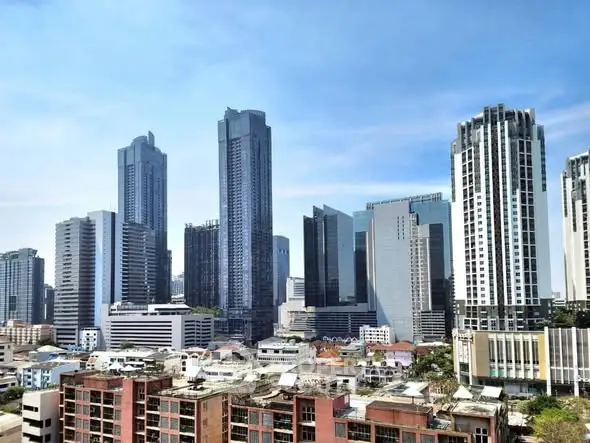 Stunning cityscape view of modern skyscrapers and urban skyline under a clear blue sky.