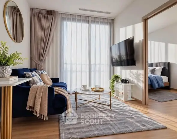 Modern living room with elegant decor and natural light, featuring a cozy sofa and wall-mounted TV.