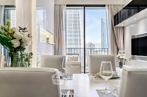 Luxurious modern living room with city view and elegant dining setup