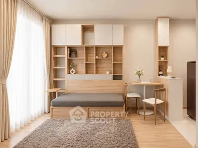 Modern studio apartment with stylish wooden furniture and natural light