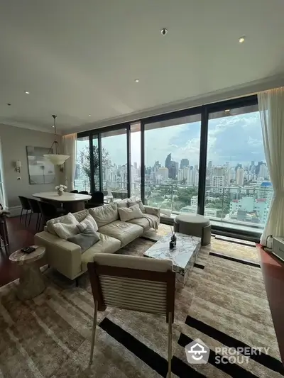 Luxurious high-rise living room with panoramic city views through floor-to-ceiling windows, plush seating, and elegant decor.