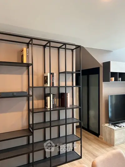 Modern living room with sleek shelving and stylish decor