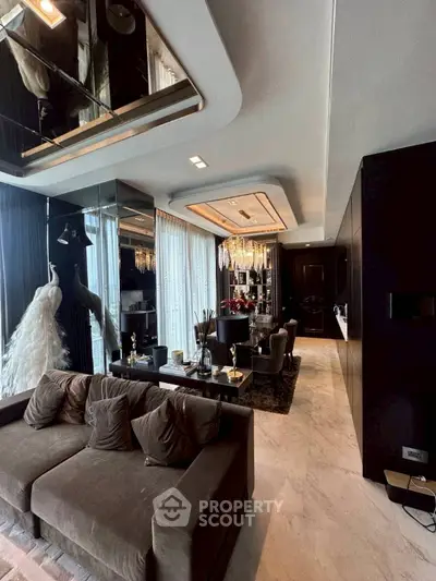 Luxurious modern living room with elegant decor and plush seating, featuring a stylish dining area and ambient lighting.