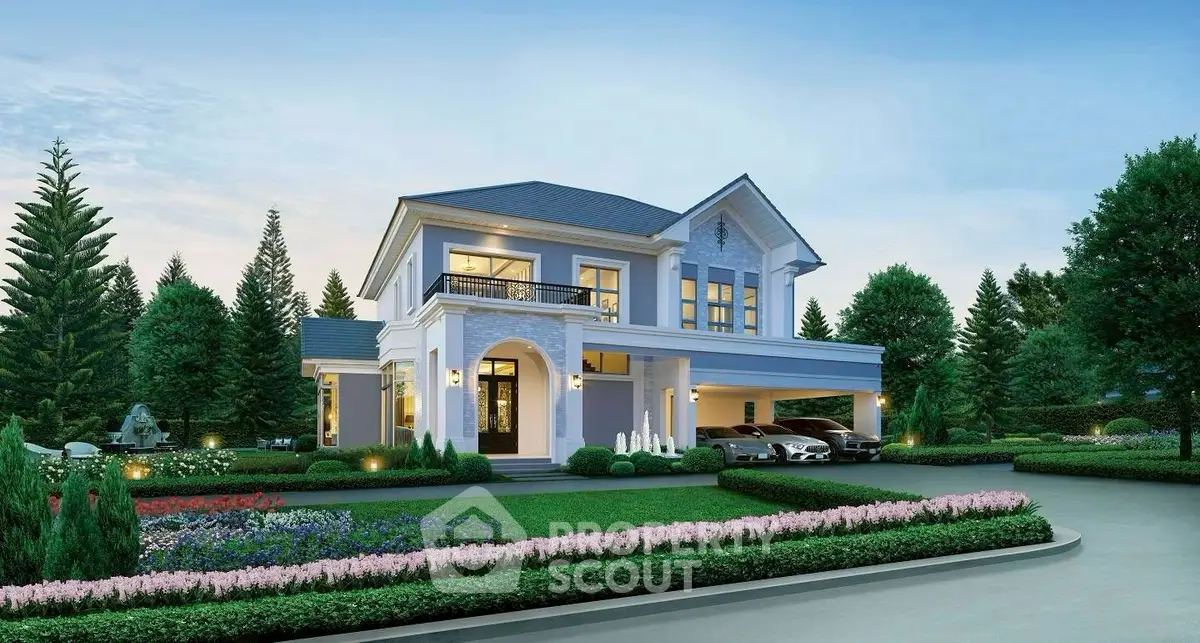 Luxurious two-story home with elegant landscaping and spacious driveway in serene neighborhood.