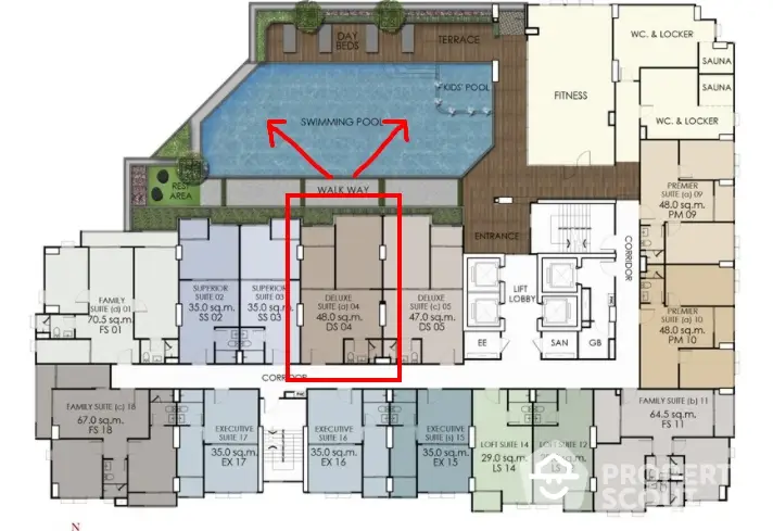 Luxurious condo floor plan with pool, fitness center, and spacious suites.