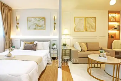 Luxurious bedroom and living room with elegant decor and warm lighting