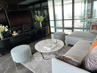 Luxurious modern living room with panoramic city views, elegant furniture, and stylish decor in a high-rise apartment.