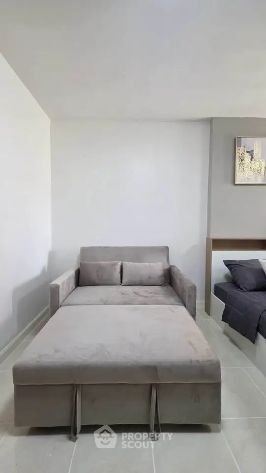 Modern living room with stylish gray sofa bed and minimalist decor