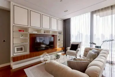 Luxurious modern living room with city view, elegant furniture, and natural light.