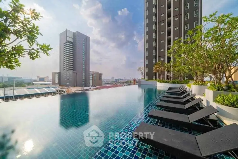 Luxurious rooftop infinity pool with stunning city views and modern high-rise buildings.