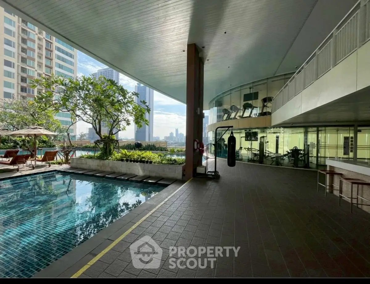 Luxurious urban apartment complex with pool and gym facilities offering stunning city views.