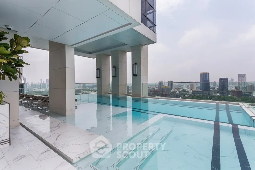 Luxurious rooftop pool with stunning city skyline views in modern high-rise building.