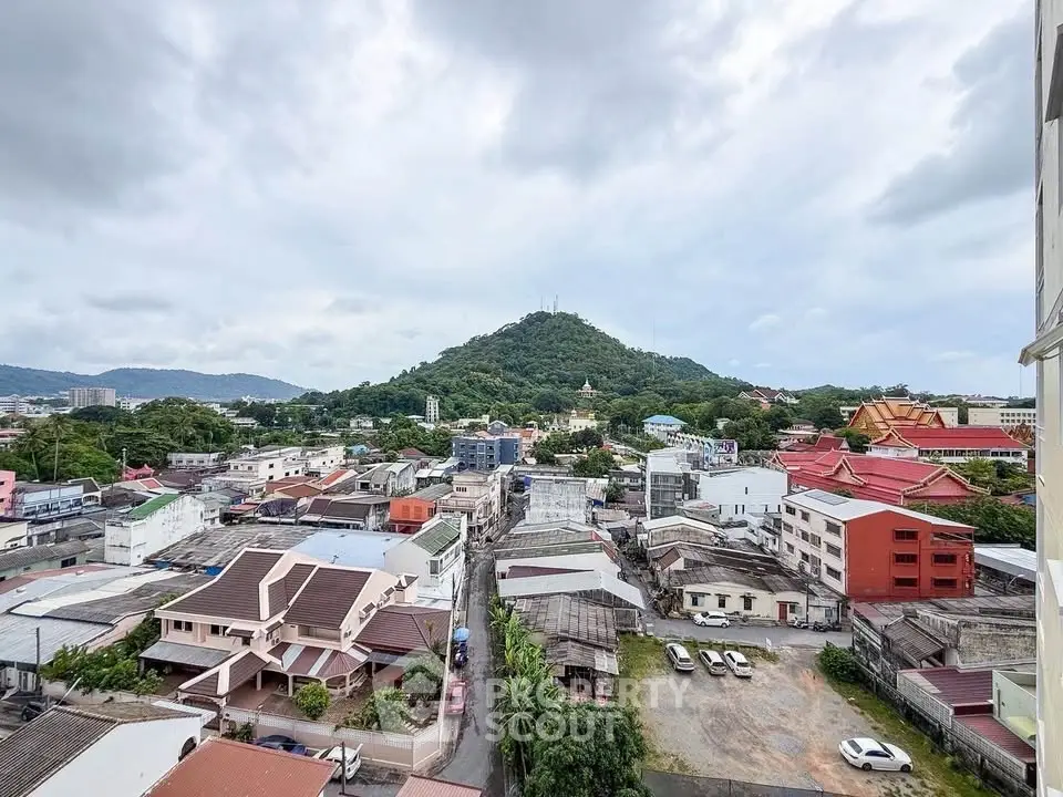 Scenic cityscape view with lush green hill and residential buildings under cloudy sky.