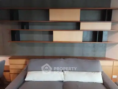 Modern living room with stylish shelving and comfortable sofa