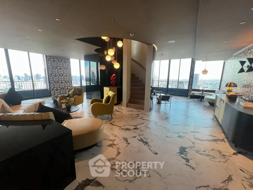 Luxurious modern living room with panoramic city views and stylish decor