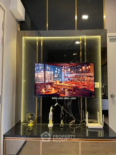 Modern living room with sleek TV setup and elegant decor