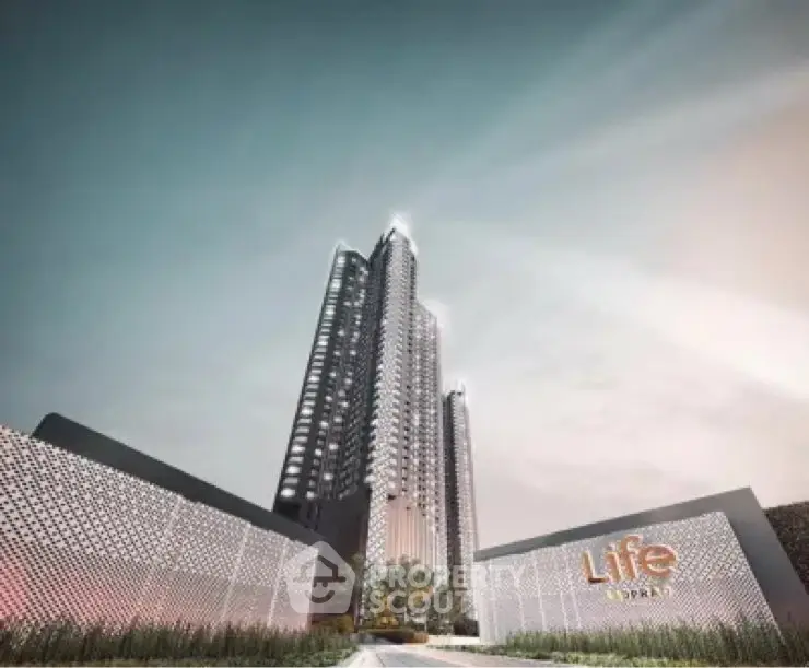 Stunning modern high-rise building with sleek design and luxurious entrance.