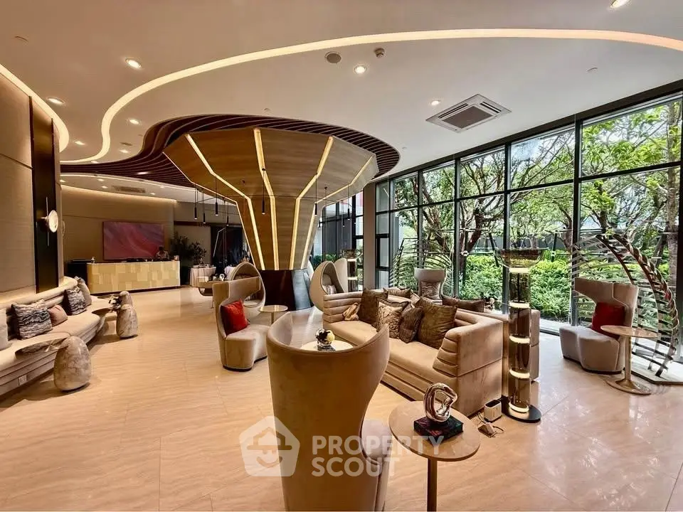 Luxurious modern living room with elegant design and large windows offering garden views.