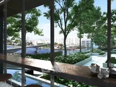 Stunning river view from modern balcony with lush greenery and sleek design.