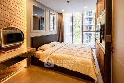Luxurious modern bedroom with large windows and stylish decor