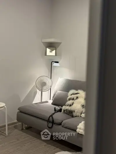 Cozy living room with modern gray sofa and stylish decor