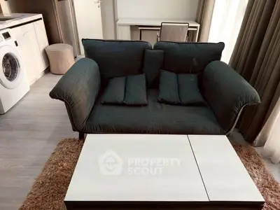 Modern living room with stylish sofa, washing machine, and sleek furniture in a cozy apartment setting.