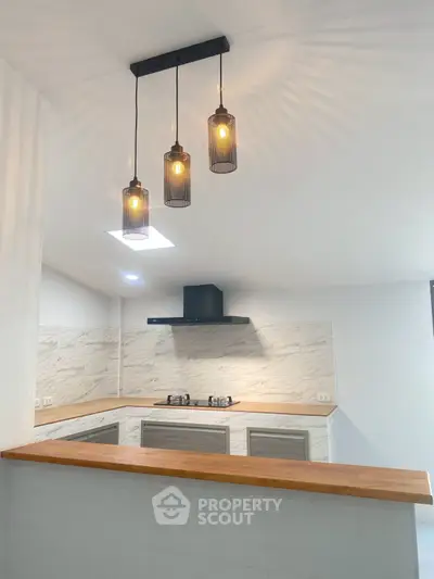 Modern kitchen with stylish lighting and wooden countertop