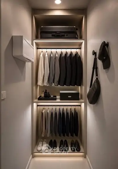 Stylish walk-in closet with modern lighting and organized storage solutions.