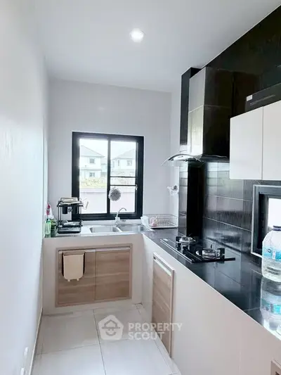 Modern kitchen with sleek design, featuring gas stove and ample natural light, perfect for culinary enthusiasts.