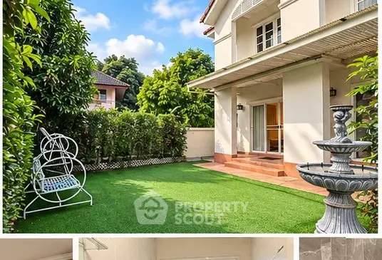 Charming suburban home with lush garden and elegant fountain, perfect for family living.