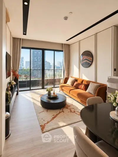 Modern living room with stylish decor and city view, featuring a cozy sofa and elegant furnishings.