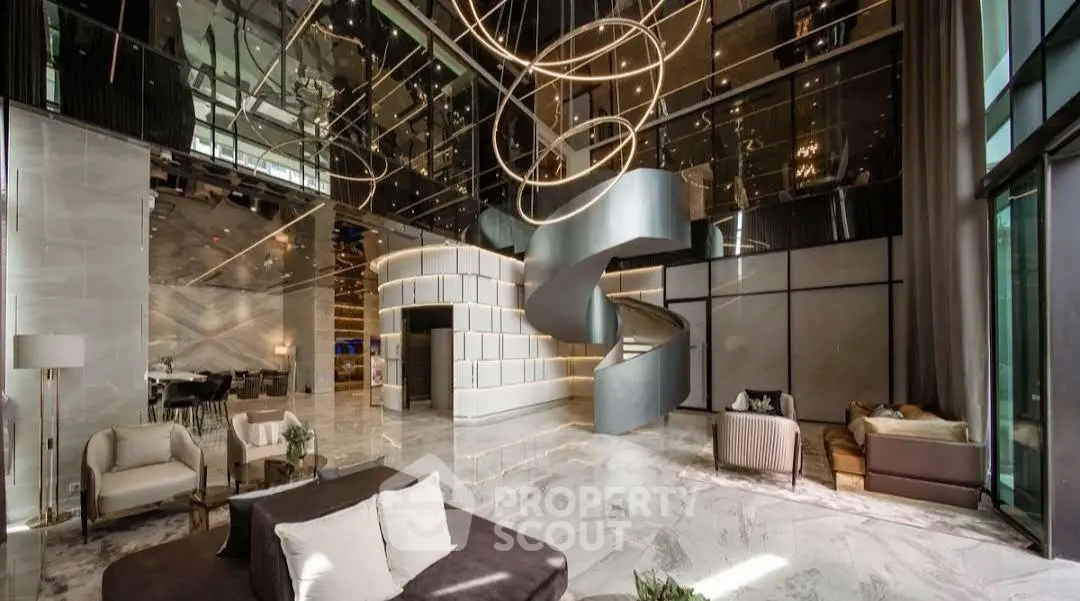 Luxurious modern living room with spiral staircase and elegant lighting